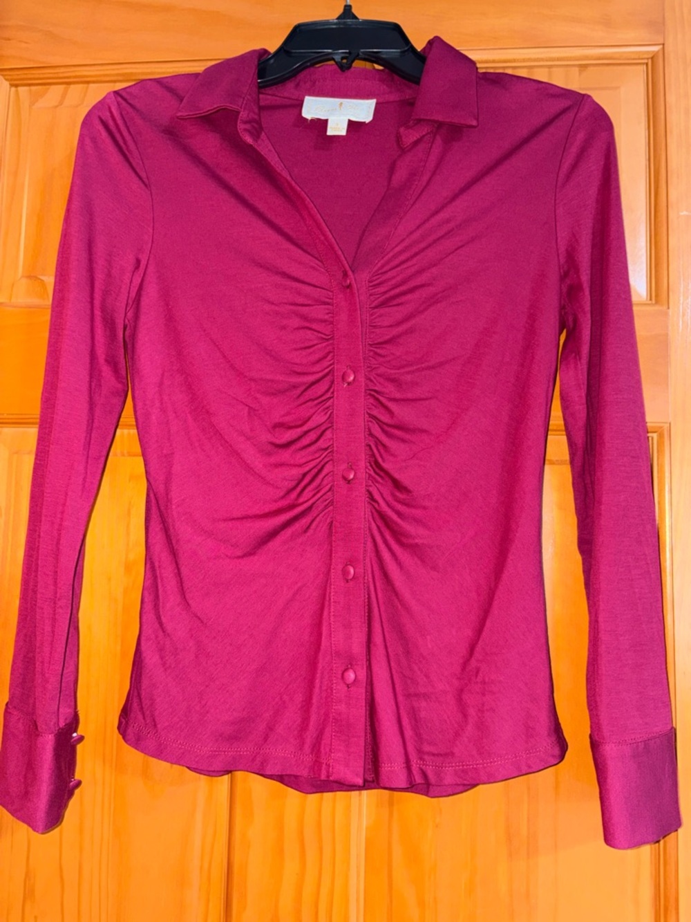 Flora Bea NYC Long-Sleeve Ruched Button-Front Top in Berry